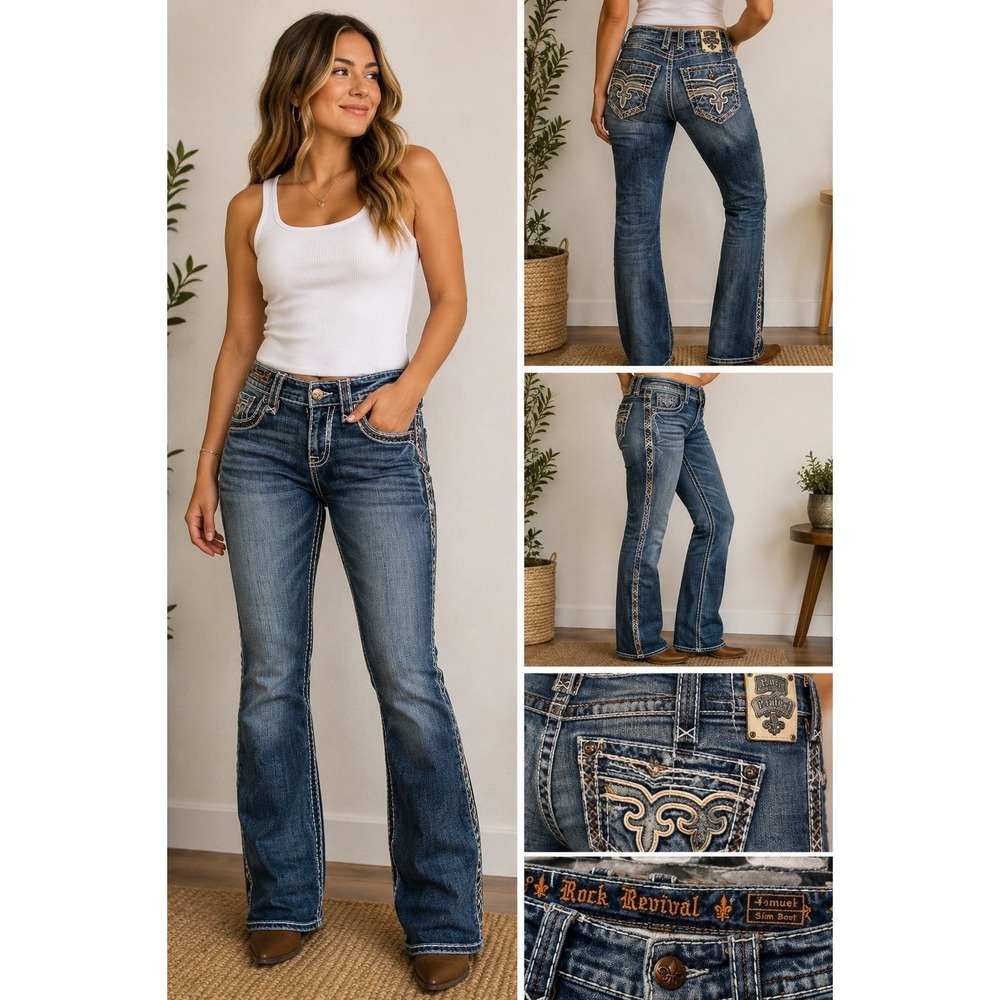 Rock Revival Shmuel Slim Boot Jeans 31 Blue Embroidered Western Y2K